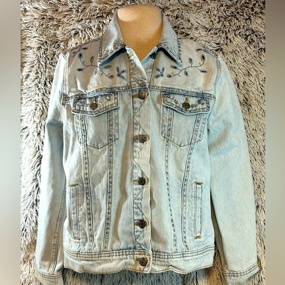 Old Navy Large Boho Floral Light Wash Denim &‎ Rhinestones Jacket Y2K Festival - Picture 1 of 14